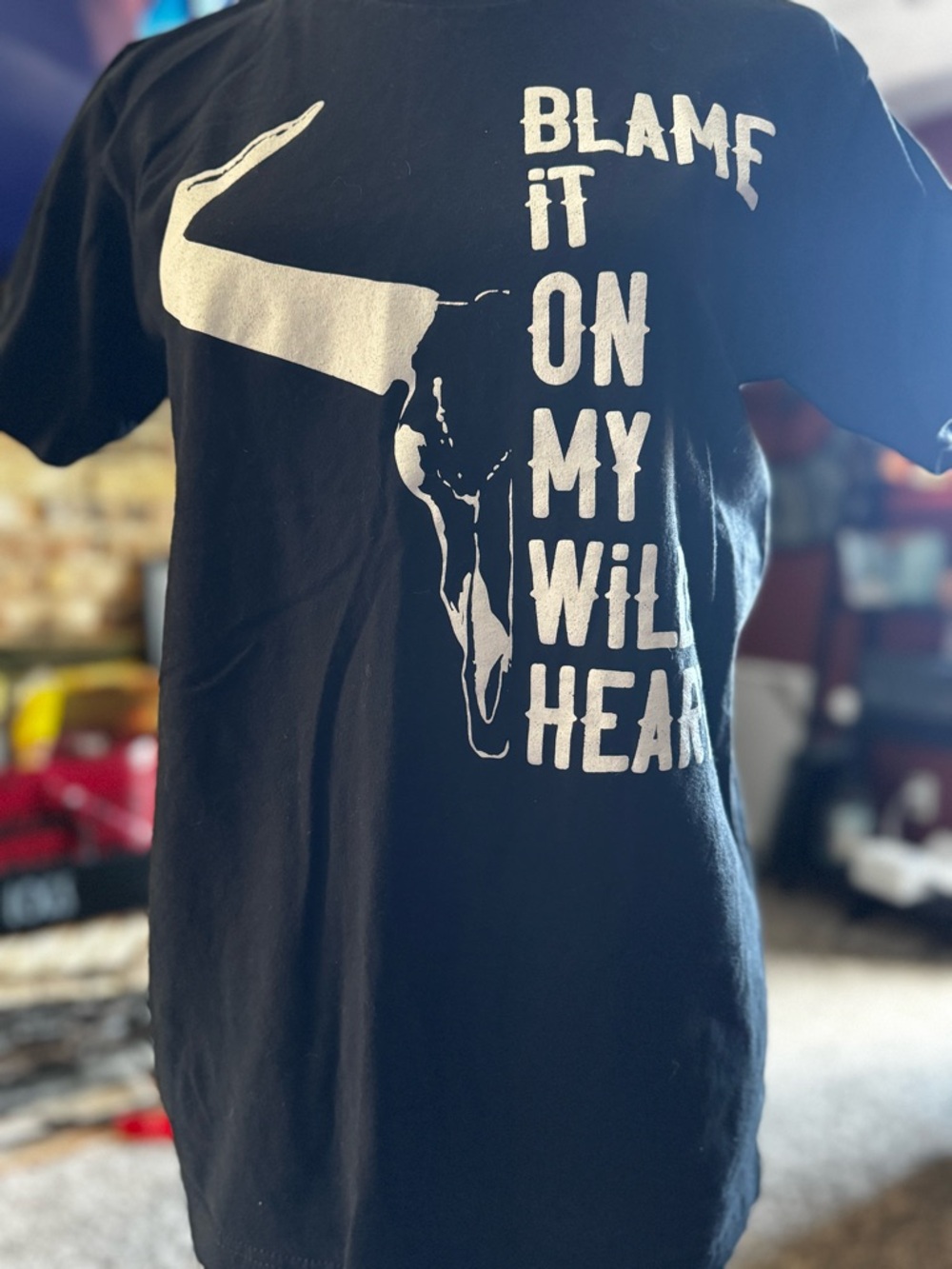 Tultex Black Tee with White Longhorn Skull & 'Blame It On My Wild Heart' Slogan